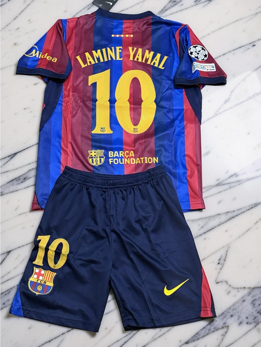 Lamine Yamal Barcelona 2025 2026 Home Kids Soccer Jersey Shorts Set #10 Youth Fo